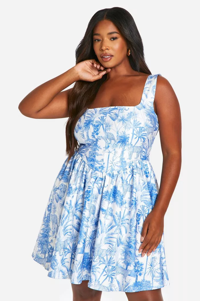 Plus Bengaline Porcelain Corset Skater Dress | boohoo (US & Canada)