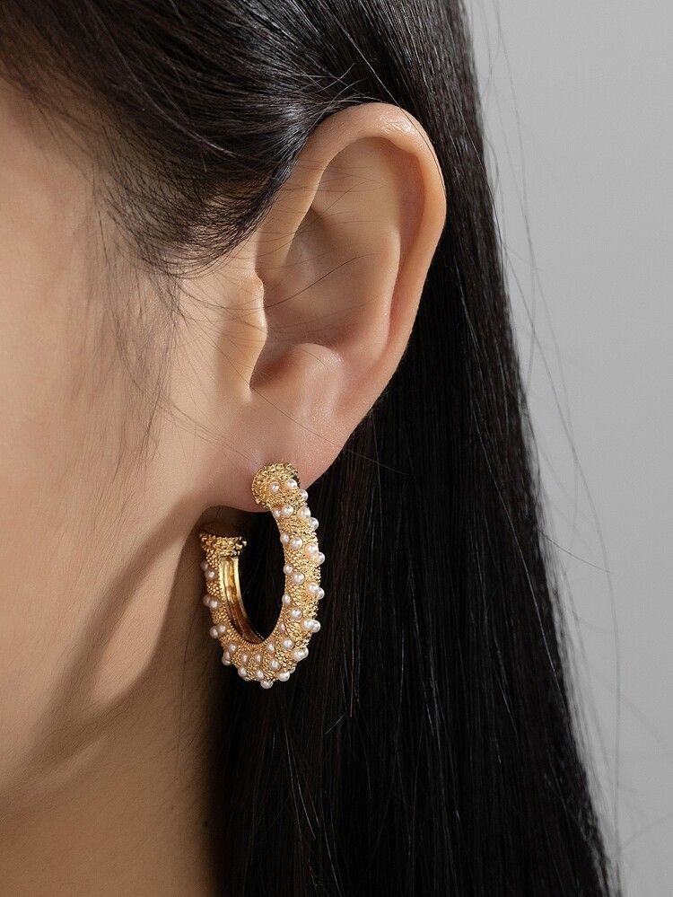 Faux Pearl Decor Cuff Hoop Earrings | SHEIN
