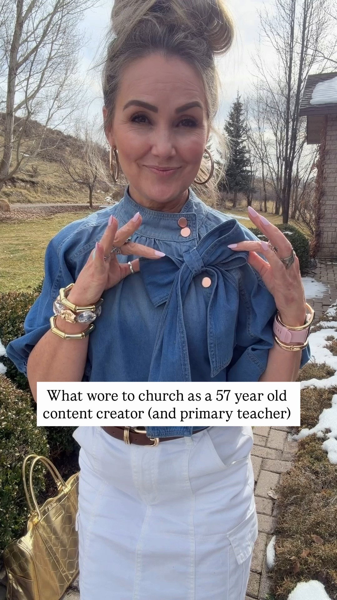 Early spring Sunday church outfit. 
Pretty denim top with neck bow, wearing size M. 
White denim skirt wearing size M - my exact skirt is sold out but I’ve linked some others. 
Cape coat with tie waist wearing size M. 
Also my bag was a gift with purchase when my husband bought me some perfume years ago. Linking some similar, since it’s no longer available  

#sundaystyle #womenover50

#LTKOver40 #LTKWorkwear #LTKootd