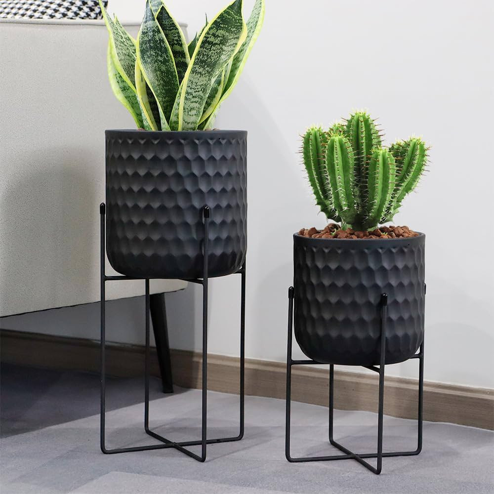 TRIROCKS Set of 2 Planters with Stand Indoor Otdoor Metal Plant Stand 17&12" Tall Morden Planters... | Amazon (US)