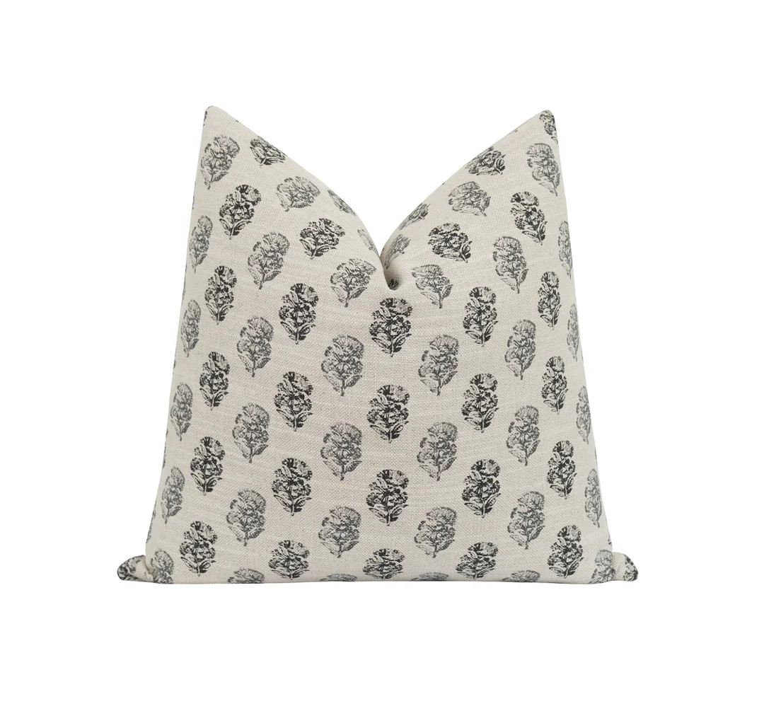 18 20 22 24 Charcoal Block Print Pillow Cover, Charcoal Floral Pillow Cover, Double Sided Linen P... | Etsy (US)