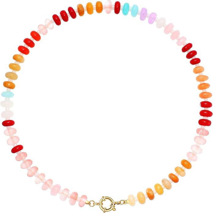 Colorful Beaded Gemstone Necklace for Women, Boho Rainbow Bead Choker with Natural Stone Crystal ... | Amazon (US)