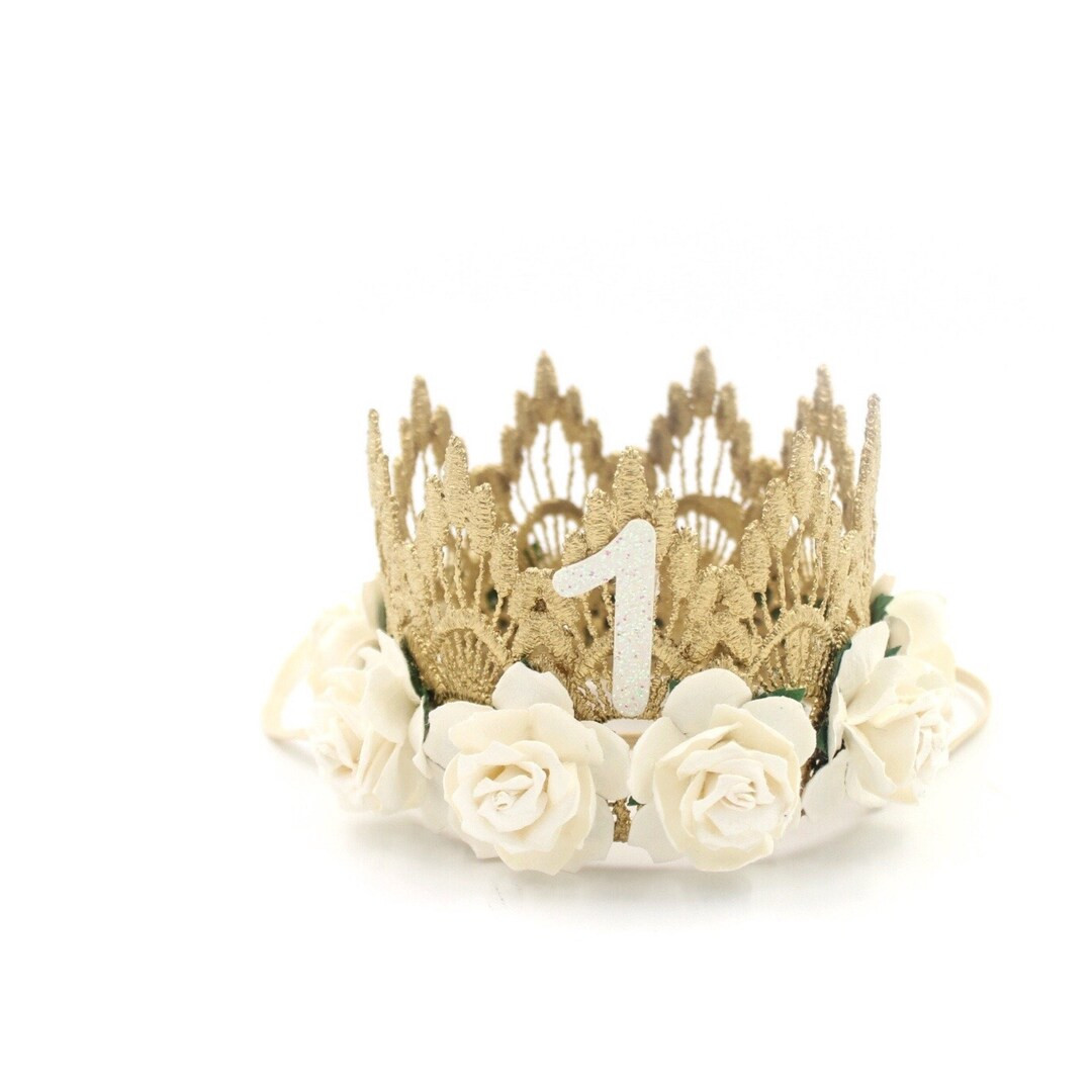 MINI first birthday Sienna flower lace crown headband || gold + ivory || customize ANY AGE | Etsy (US)