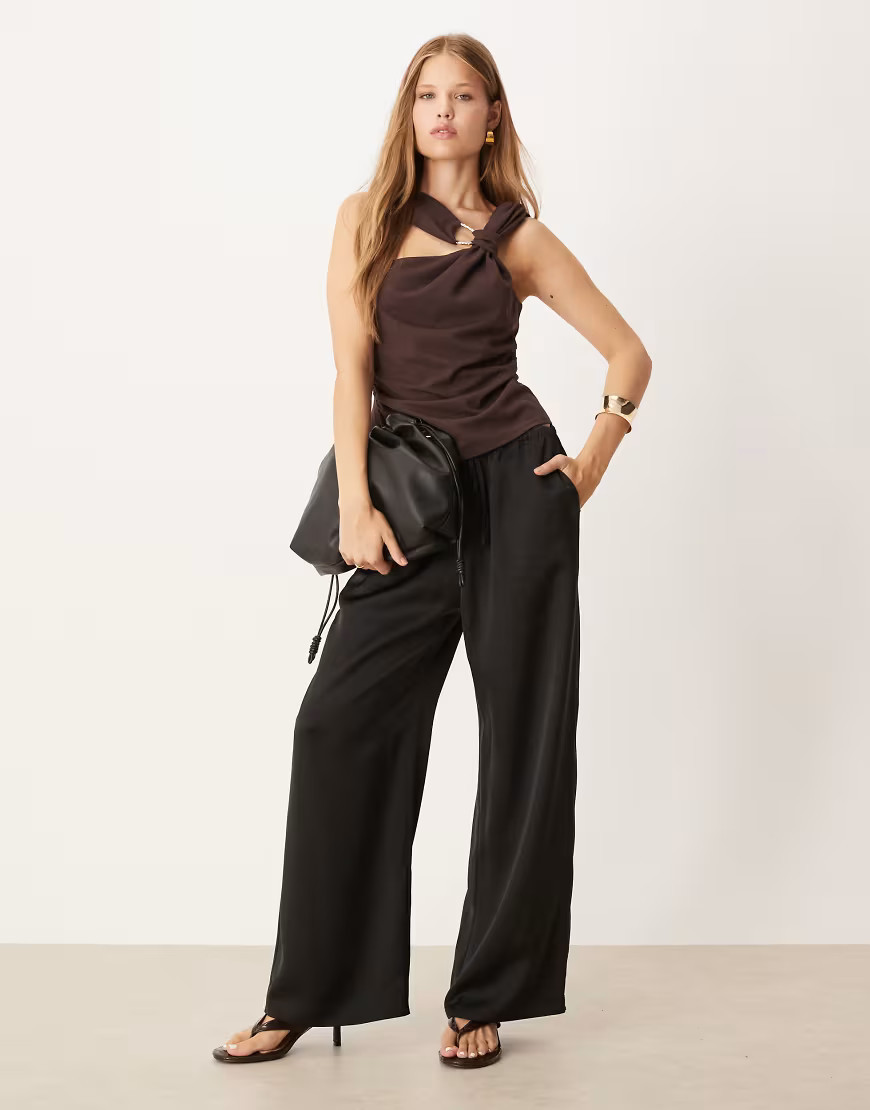 Pretty Lavish drawstring satin wide leg trouser in black | ASOS (Global)