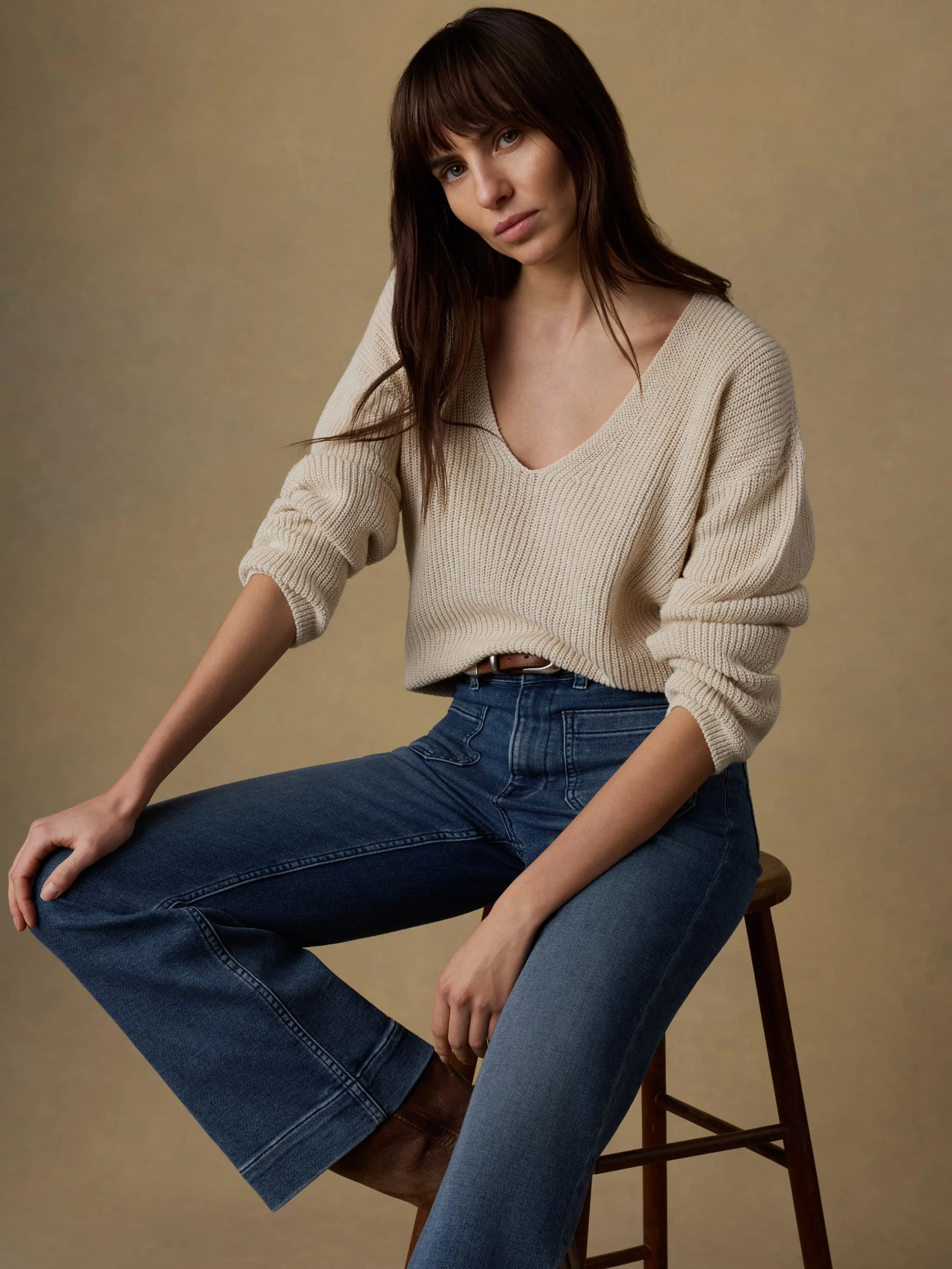 Miramar Linen Deep V-Neck Sweater - Summer Sand | Faherty