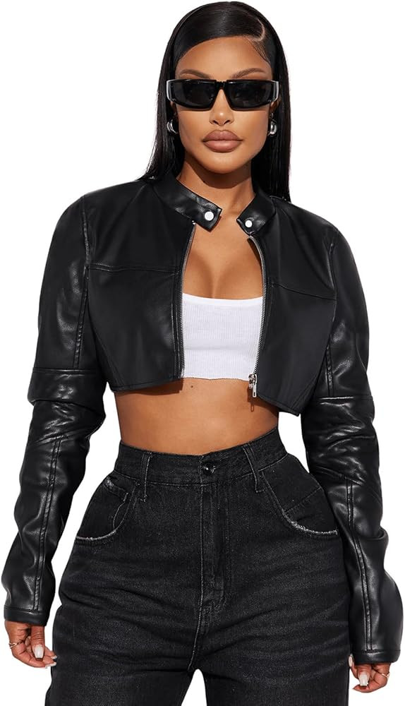 Women's Faux Leather Jacket Cropped Leather Jacket Women Bomber Motorcycle Jacket y2k Jacket | Amazon (US)
