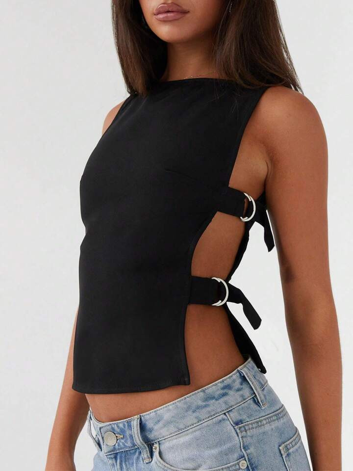 Women's Sexy Side Buckle Slim Fit Vest Top Y2K Solid Color Sleeveless Boat Neck Tank Tops Slim Fit Crop Tops Summer Going Out Tops Shirts For Party Club Streetwear | SHEIN