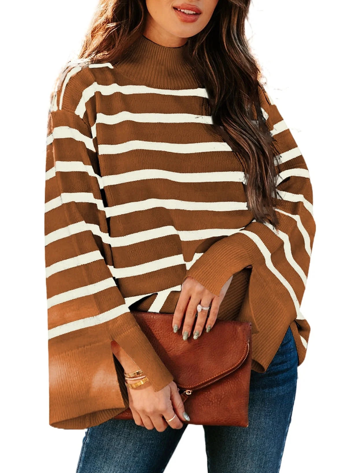 DOKOTOO Womens Striped Sweater Mock Neck Ribbed Knit Top Baggy Jumper Top Bell Sleeve Pullover Sw... | Walmart (US)