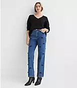 Velvet Bow High Rise Straight Jeans in Bright Mid Indigo Wash | LOFT