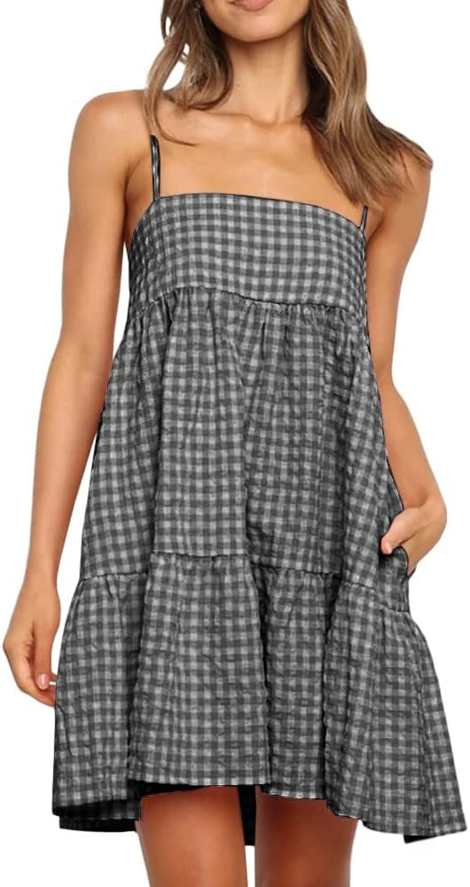 Womens Plaid A-line Dresses Shoulder Straps Ruffle Hem Casual Mini Dress with Side Pocket | Amazon (US)