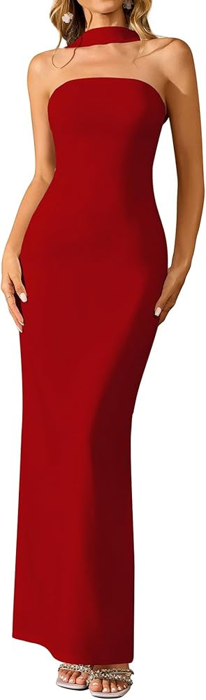 HTZMO Women Elegant Summer Bodycon Maxi Dress Halter Neck Formal Wedding Guest Cocktail Party Lon... | Amazon (US)