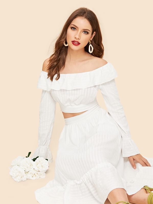 70s Off Shoulder Foldover Top & Pleated Skirt Set | SHEIN