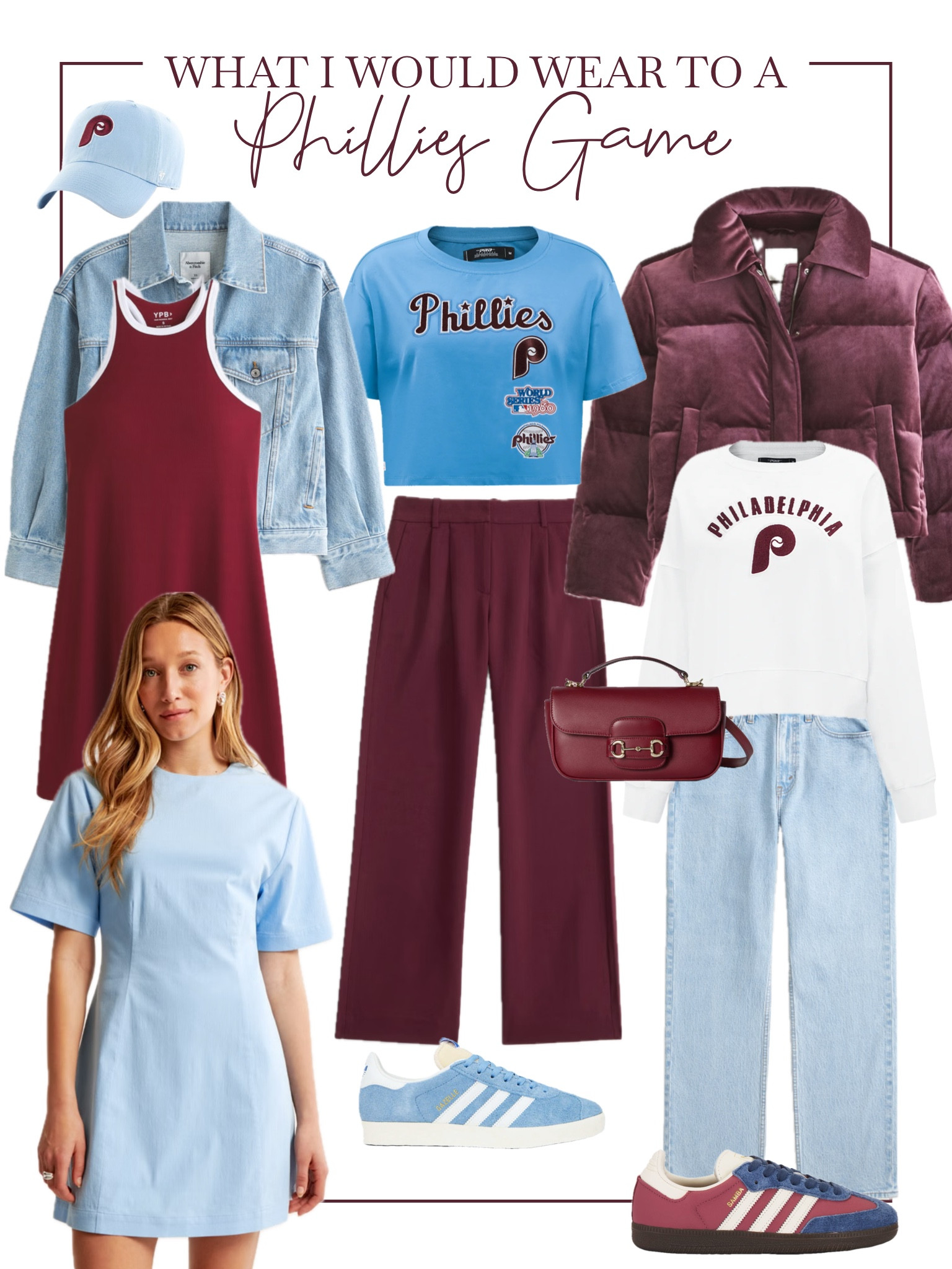 Philly fanatics - this is all you! Sharing what I would wear to a Philadelphia Phillies game. Of course I had to do their throw back colors. The baby blue is just too good! Two Phillies shirts are pro standard 

Baseball game outfit ideas, Philly, gameday outfit, casual outfit, OOTD baby blue outfit, Abercrombie finds, AF DENIM, puffer jacket, sambas outfit,

#LTKStyleTip #LTKFindsUnder50 #LTKSaleAlert