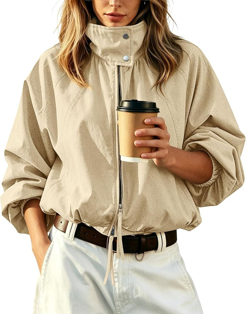 Womens Bomber Jacket Puffed Collar Trench Coat Funnel Neck Cropped Jackets | Amazon (US)