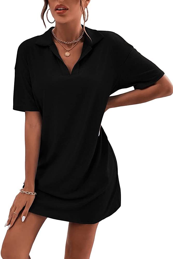 SOLY HUX Women's Casual Solid Drop Shoulder Collared T Shirt Dress Short Sleeve Mini Shift Dresse... | Amazon (US)