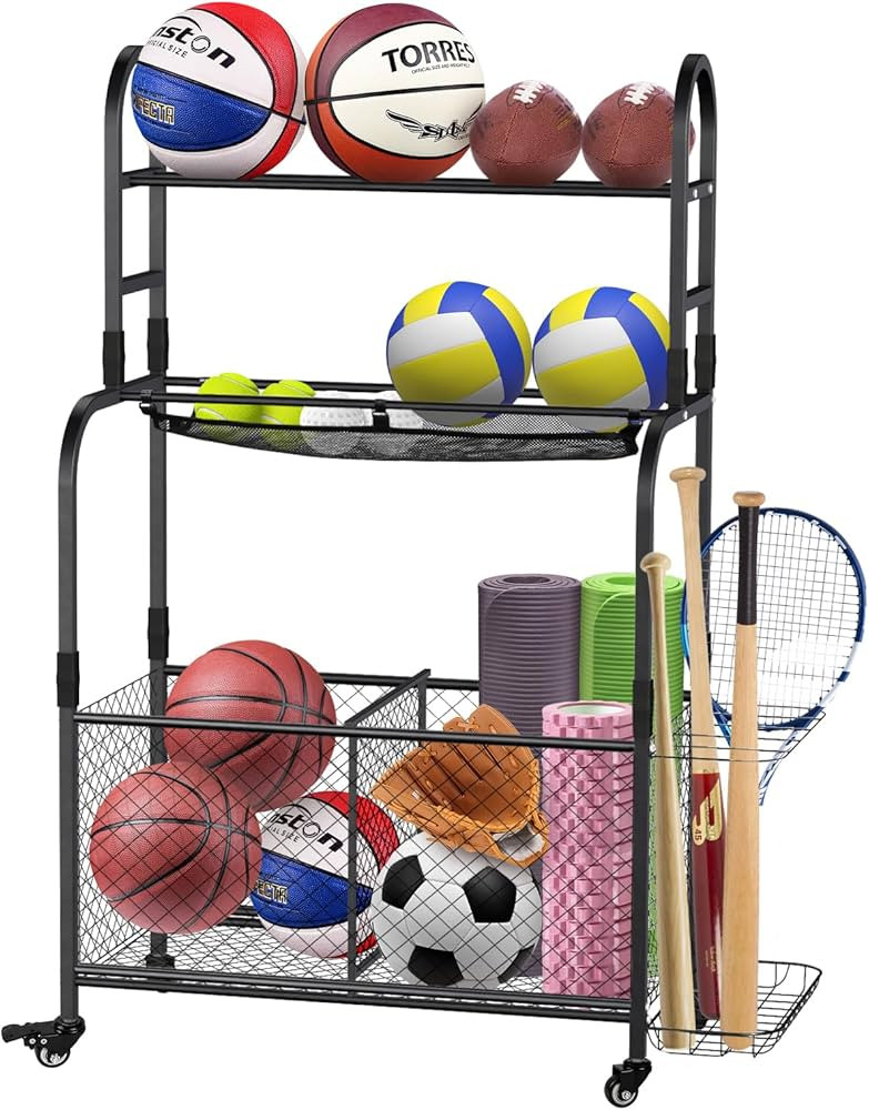 Sports Equipment Organizer Ball Storage Rack with Full Metal Bottom Basket, Ball Rack for Basketb... | Amazon (US)