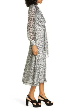 Leopard Tie Neck Long Sleeve Midi Dress | Nordstrom