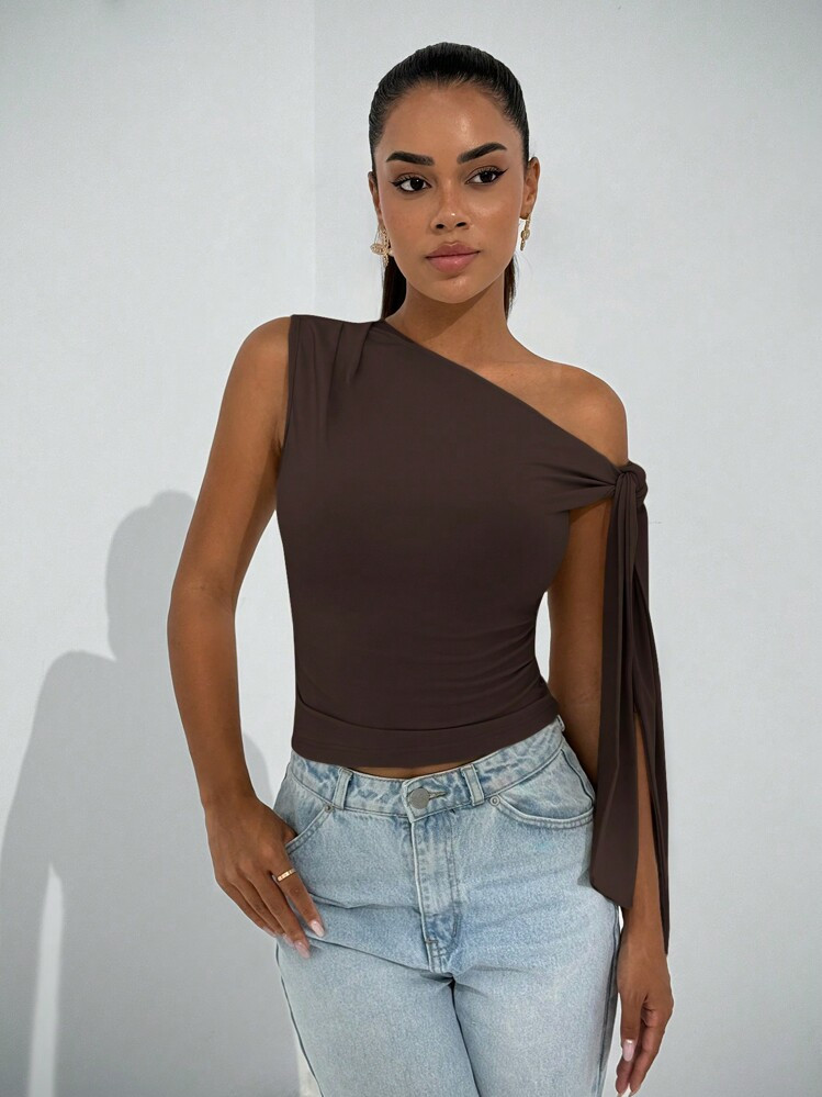 SHEIN BAE Blusa De Mujer Con Cuello Asimétrico Y Hombros Con Lazo, Elegante Para Fiestas Y Salidas, Apta Para Uso Diario, Noches De Fiesta, Otoño | SHEIN