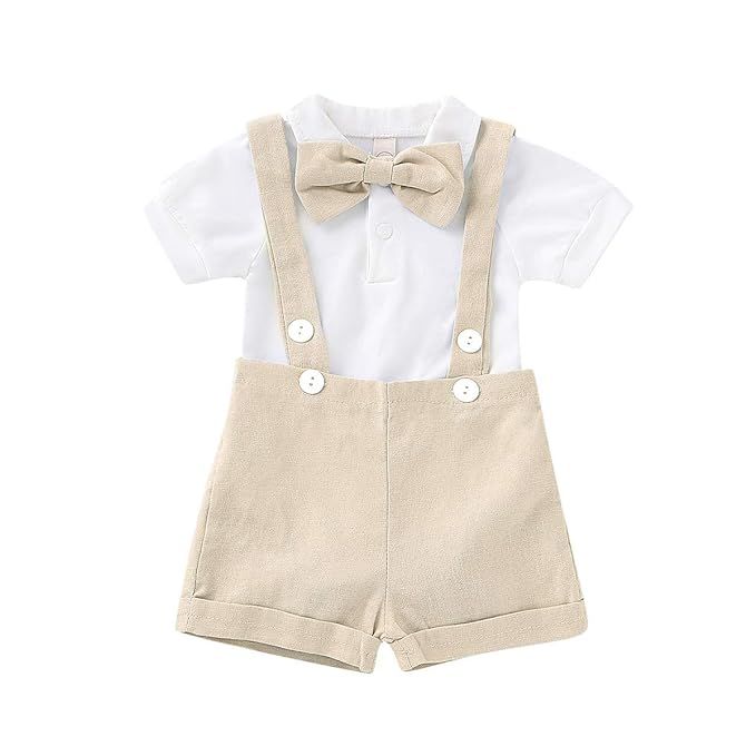 Gentleman Outfits Set for Baby Boys Short Sleeve Romper with Tie and Overalls Bib Pants Clothing Set | Amazon (US)