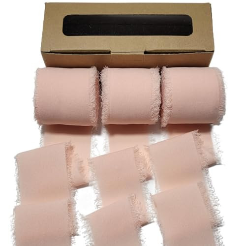 Blush Pink Chiffon Ribbon 1.5”x 7 Yards, 3 Rolls Handmade Fringe Chiffon Silk Ribbons for Flower Bouquets, Wedding Invitations, Gift Wrapping, Bows Making, Baby Shower and Christmas Decorations | Amazon (US)