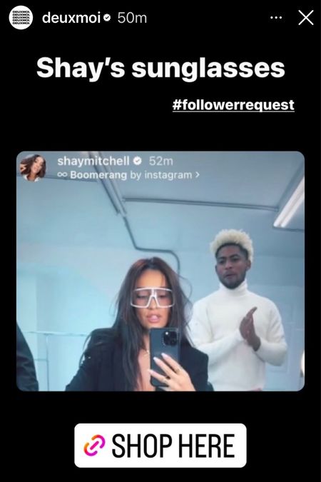 DEUXMOI request! Get the details on Shay Mitchell’s shield visor, white sunglasses 

#LTKstyletip #LTKunder50 #LTKunder100