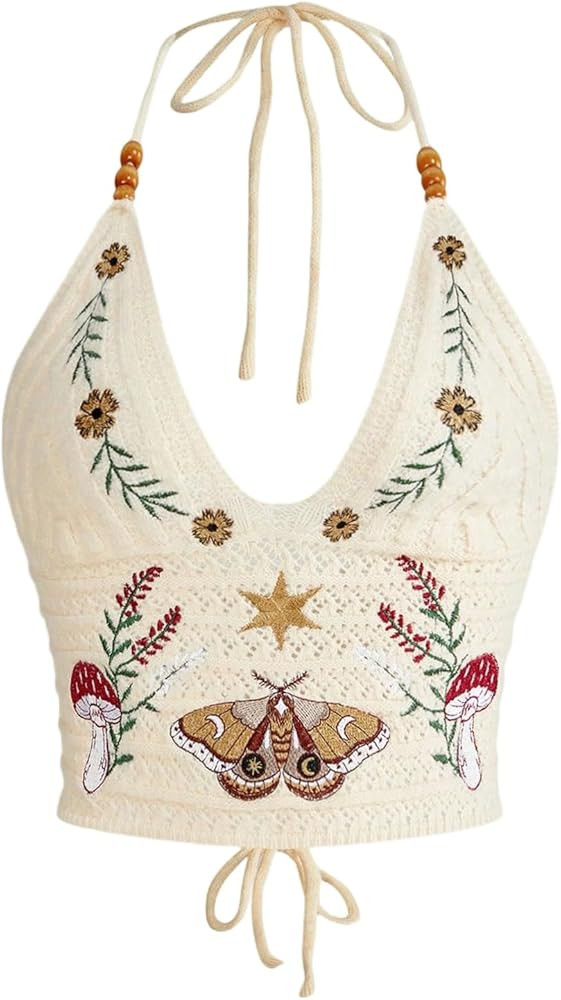 BEAUDRM Women's Y2k Crochet Halter Top Goth Clothes 70s Hippie Top Boho Crop Tie Backless Knit Ca... | Amazon (US)