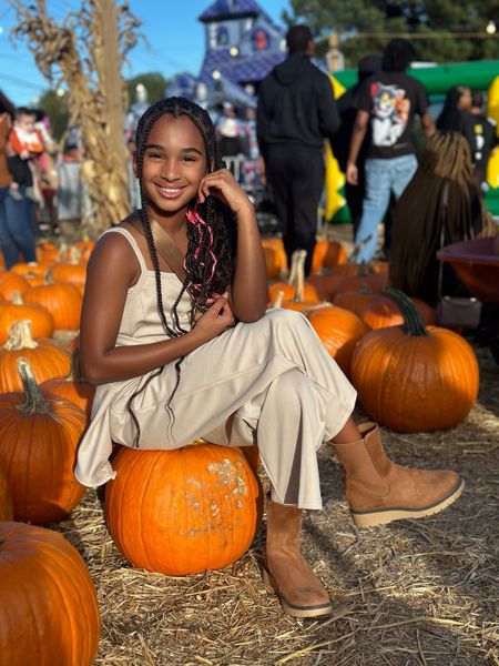 Samia’s pumpkin patch fall outfit🎃 She loved rocking this neutral two piece jacket and jumpsuit from Shein kids! The Cat & Jack boots from Target are currently on sale!!  ✨🧡

Girls pumpkin patch outfit, pumpkin patch outfit for kids, neutral fall kids outfit, Kids fall outfits, tween girl fall outfit 

#LTKSeasonal #LTKkids
