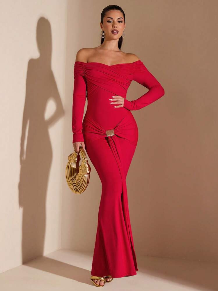 SHEIN BAE Elegant Metallic Accent Cold-Shoulder Long Sleeve Dress, Suitable For Daily Dates, Trip... | SHEIN