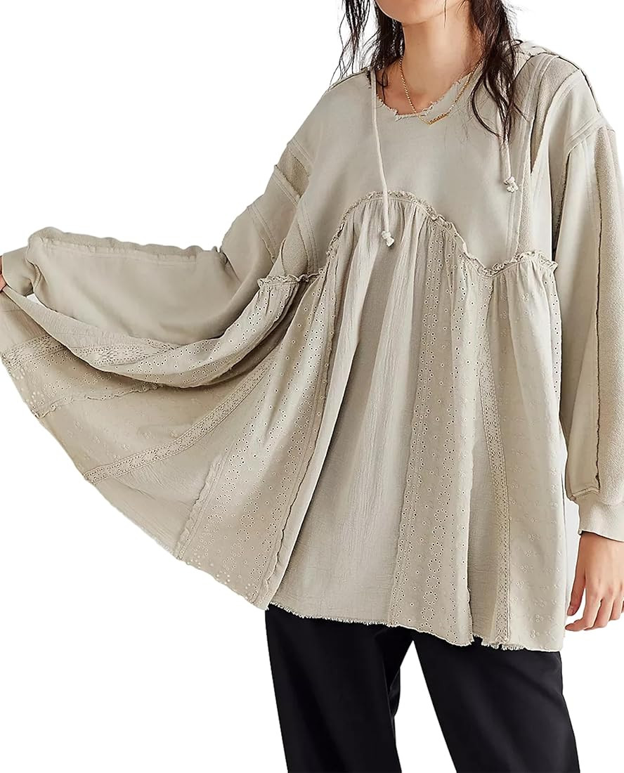 Women Long Sleeve Hoodie Dress Drawstring Patchwork Stitching Hooded Sweatshirt Loose Fitted Pull... | Amazon (US)