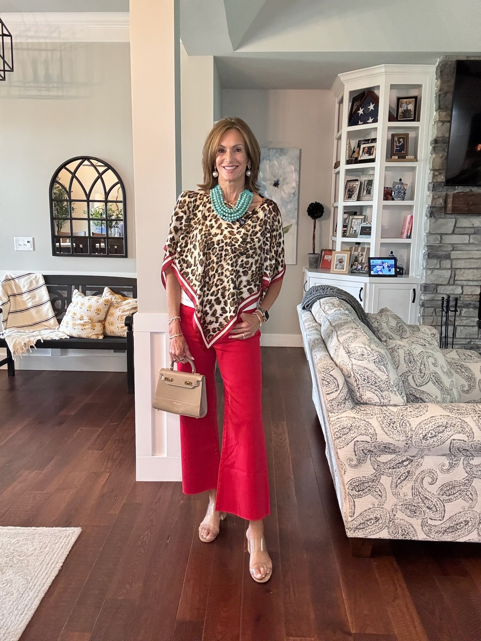 Leopard scarf poncho 
Red jeans - size 8
Tank top - large 
White top - medium 
Camo pants - 28 
Jacket - medium 

Elevated causal
Date night 
Workwear 
Weekend style

#LTKgrwm #LTKootd