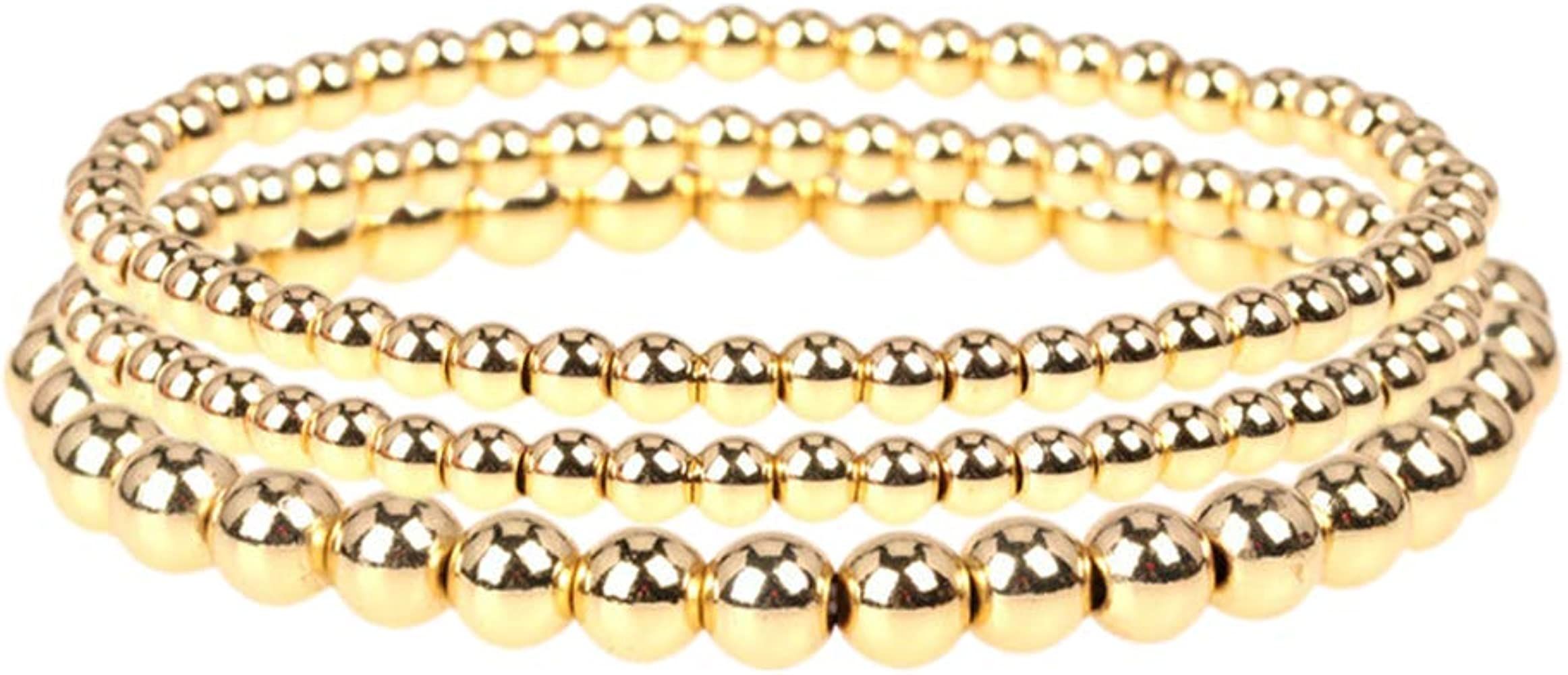 3 Pcs Gold Beaded Bracelets Valentine's Day Gifts, Men Women Elastic Copper Beads Balls Stretch B... | Amazon (US)