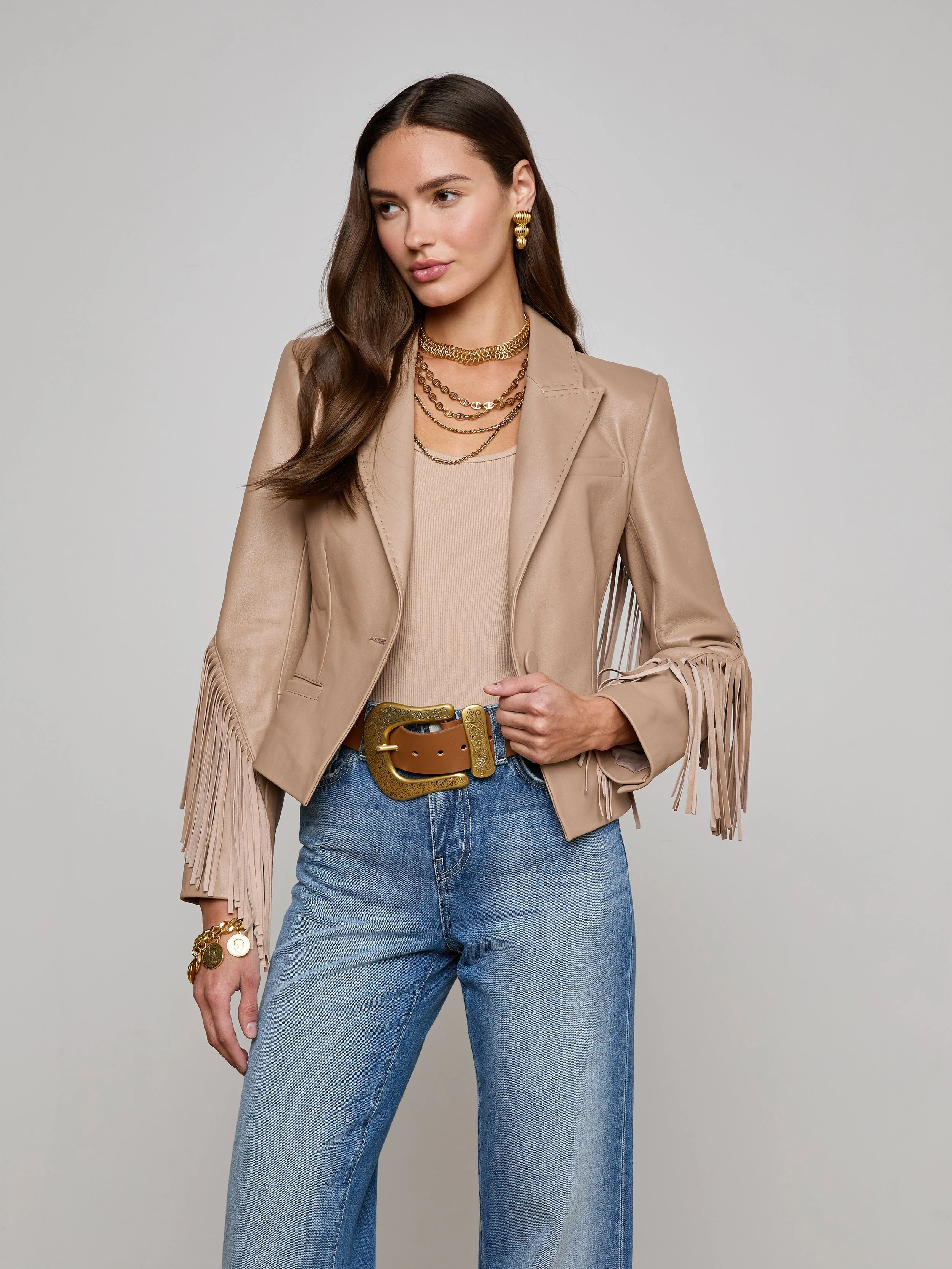 Vashti Fringed Leather Blazer in Dark Cappuccino | L'AGENCE | L'Agence