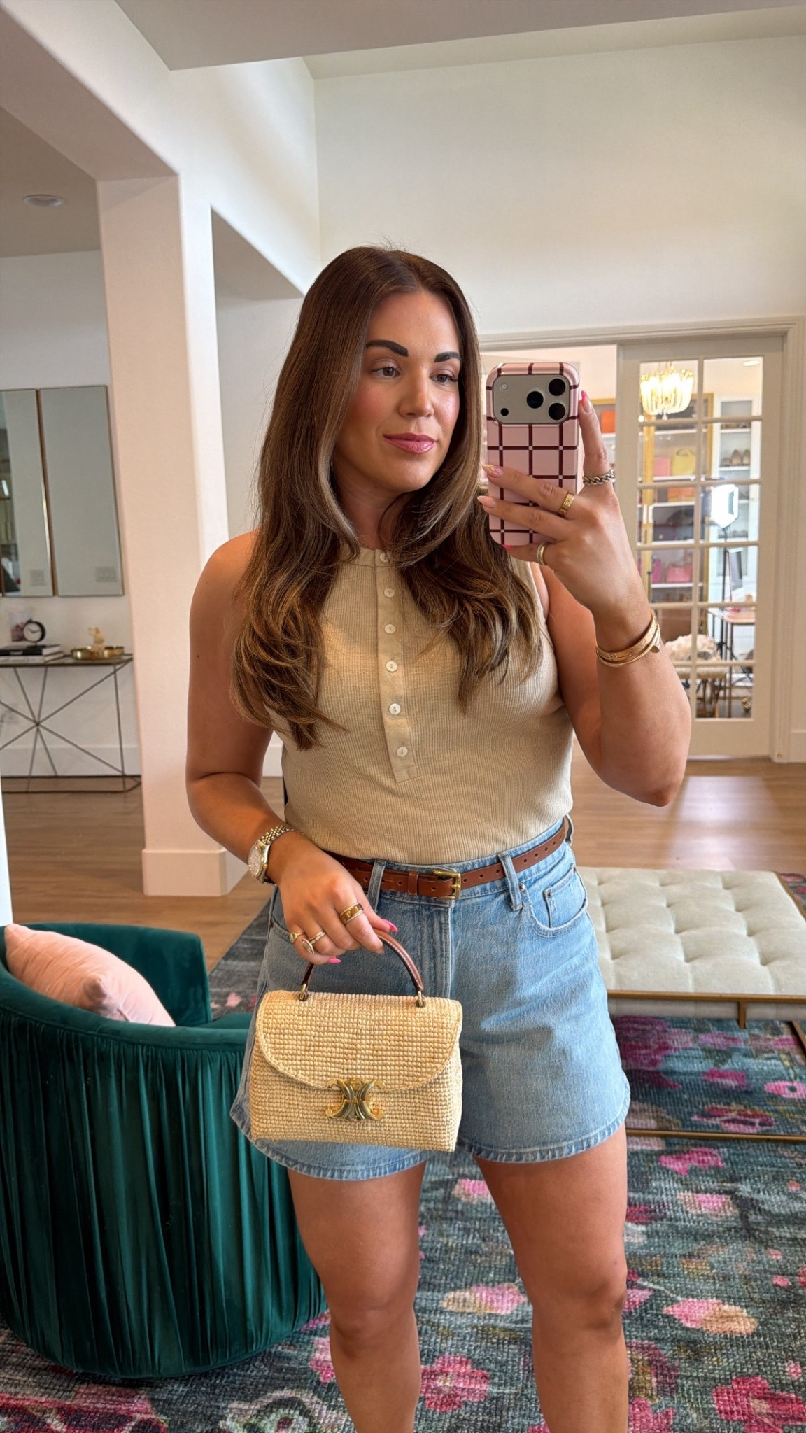 curvy midsize spring outfit! wearing size large in henley tank and 30 in denim shorts. my raffia bag is Celine and from Nordstrom! 

#LTKSeasonal #LTKMidsize