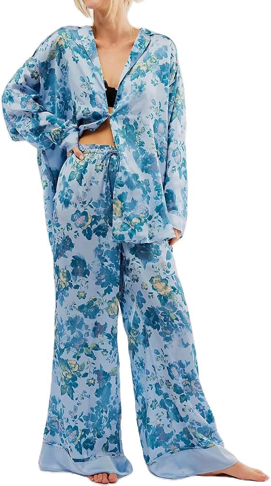 Arssm Satin Pajama Set for Women Silk Pajamas Set 2 Piece Floral Pj Set Long Sleeve Button Down Pjs Sleepwear | Amazon (US)