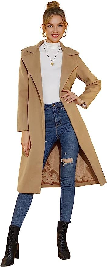 Auxo Women Trench Coat Long Sleeve Pea Coat Lapel Open Front Long Jacket Overcoat Outwear Cardiga... | Amazon (US)