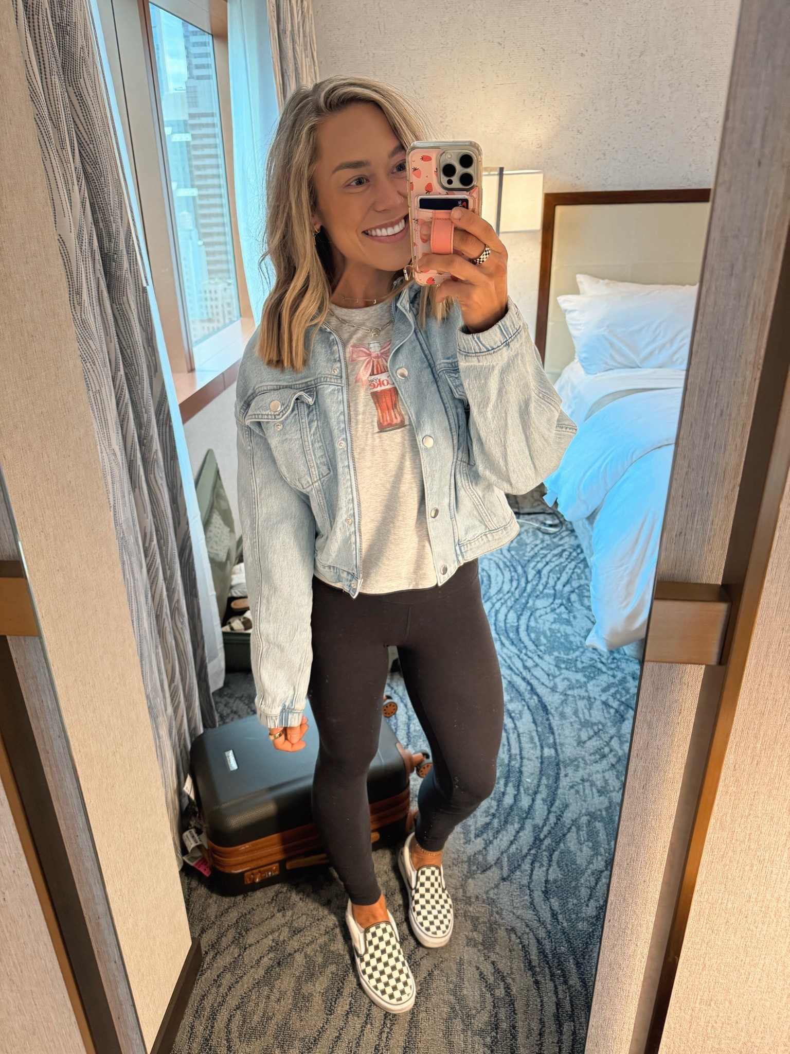Travel OOTD for my birthday yesterday to NYC🖤🧁 Jean jacket is 3+ years old from Abercrombie but I linked similar, Diet Coke tee is on sale, so FUN🥤in the S! 

Travel fit / Lulu align / vans / Beis luggage / NYC / Holley Gabrielle 

#LTKStyleTip #LTKFindsUnder50 #LTKSaleAlert