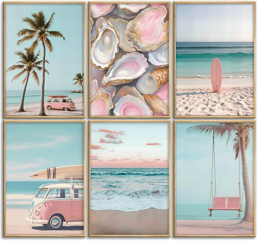 6Pcs Pink Coastal Beachy Wall Art Coastal Granddaughter Ocean Preppy Room Wall Decor Beach Aesthe... | Amazon (US)