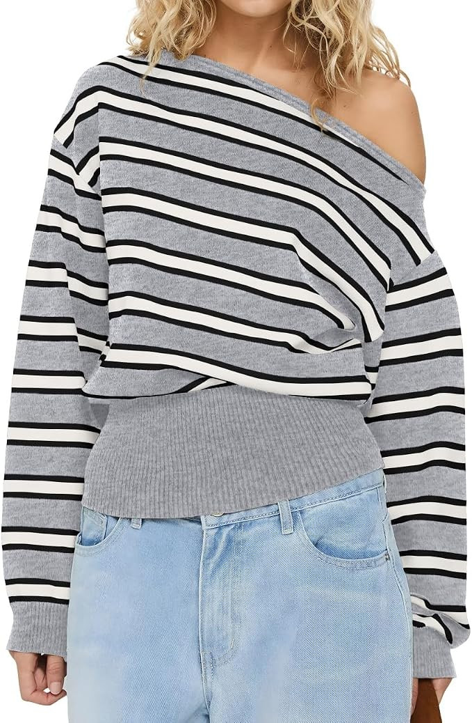 Cioatin Women One Off Shoulder Striped Crop Sweater Asymmetric Long Sleeve Loose Pullover Y2K Cut... | Amazon (US)