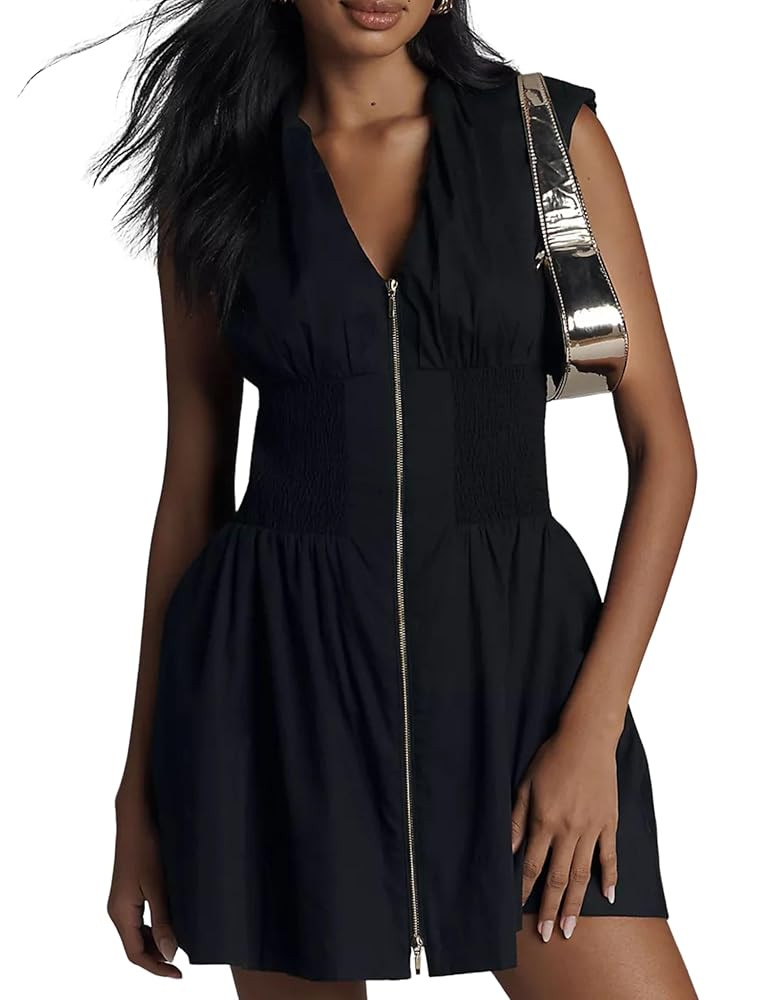 Women’s V Neck Summer Dress Cap Sleeve Zipper Mini Dress Smocked Slit Dress with Pockets | Amazon (US)