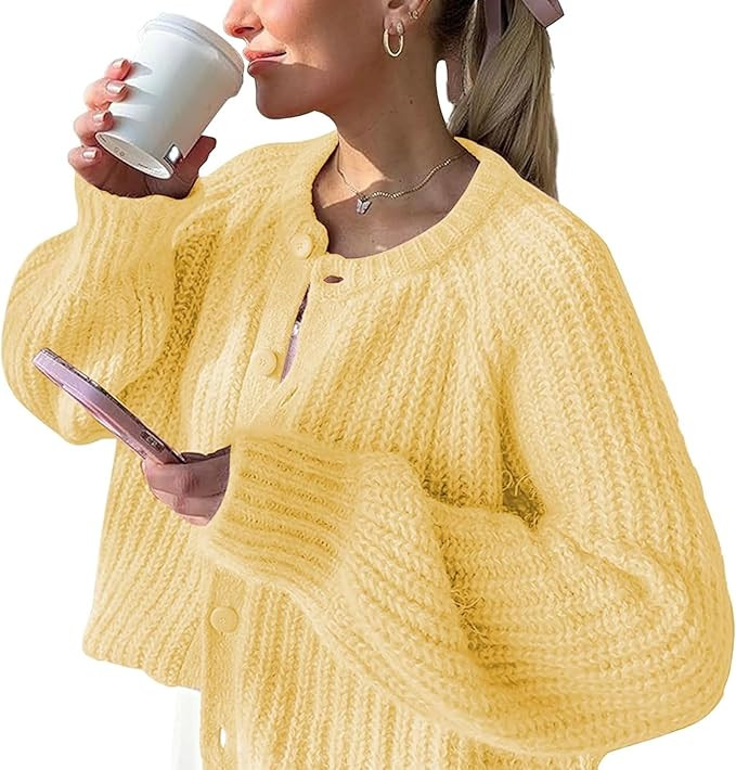 FindThy Women’s Chunky Knit Cardigan Long Sleeve Button Down Crewneck Fall Sweater Coat | Amazon (US)