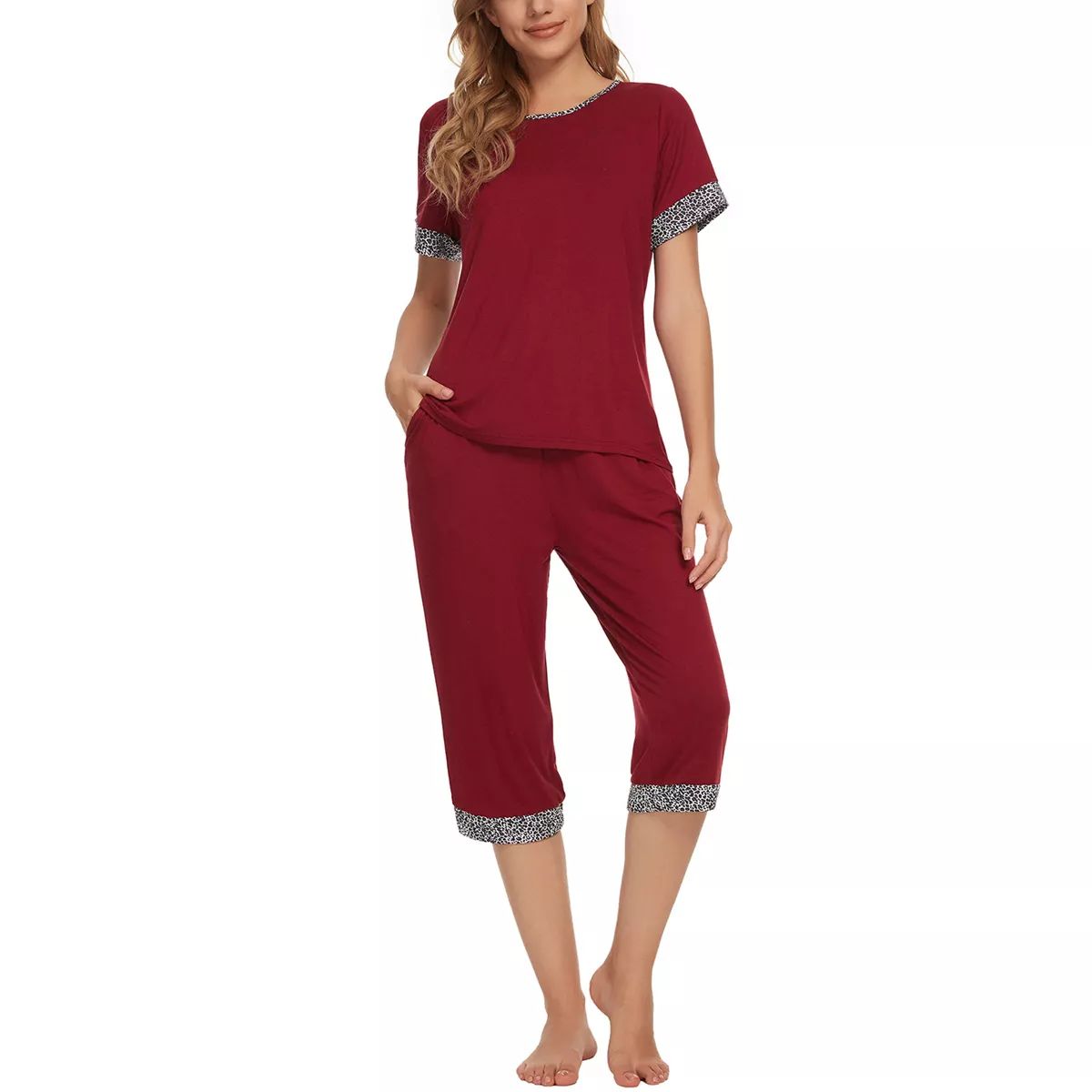 cheibear Womens Round Neck Pajama Set with Capri Pants Casual Lounge Sleepwear | Target