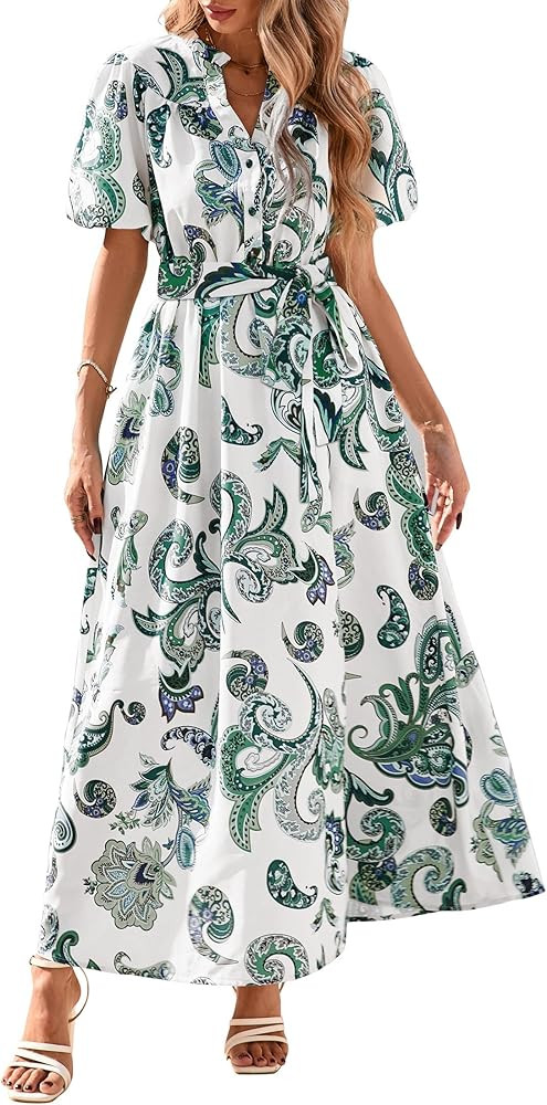 KIRUNDO Women Puff Sleeve Boho Floral Maxi Dress 2025 Spring Summer Button Shirt V Neck Flowy Bel... | Amazon (US)
