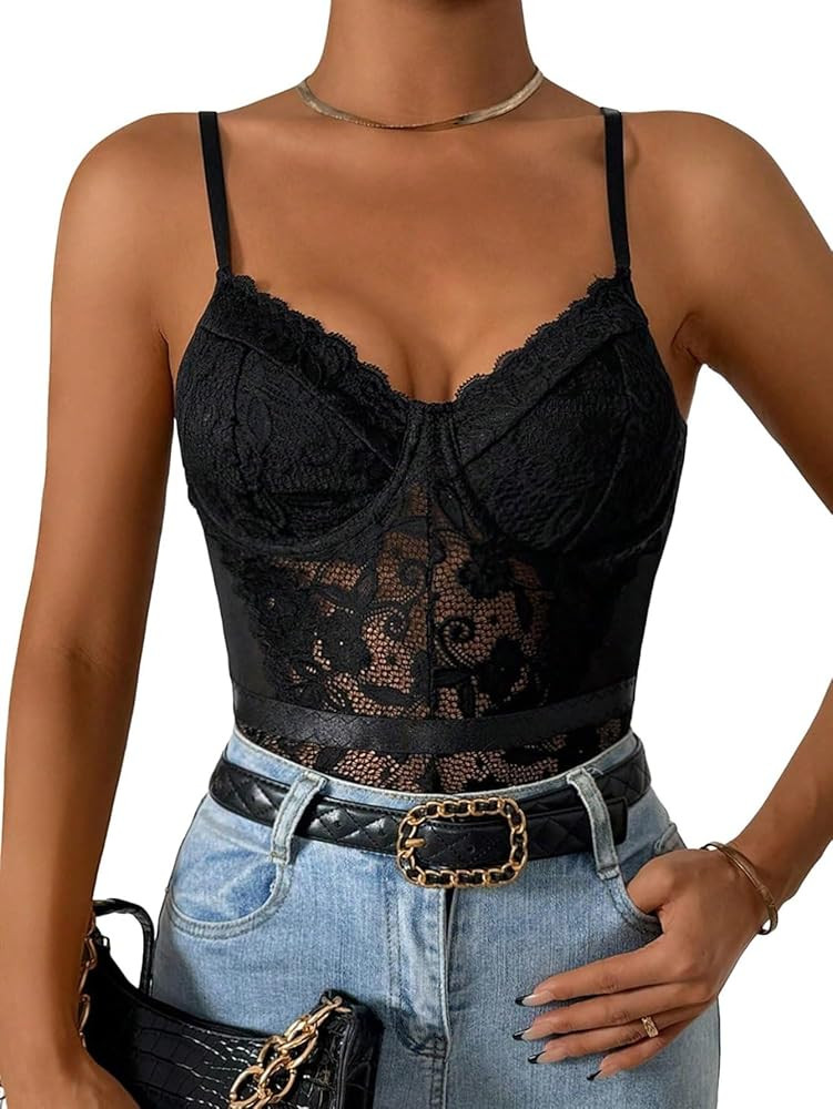 Milumia Women's Floral Lace Sheer Mesh Corset Bodysuit Spaghetti Strap Cami Top | Amazon (US)