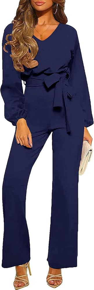 Hakubeby Women Jumpsuits Fashion Casual Long Sleeve V Neck Lace-up Waist Elegant Long Romper Jump... | Amazon (US)