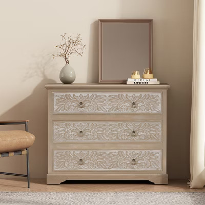 Christopher Knight Home Bianca Boho Carved Floral 3 Drawer Wood Dresser, Gray Wash | Target
