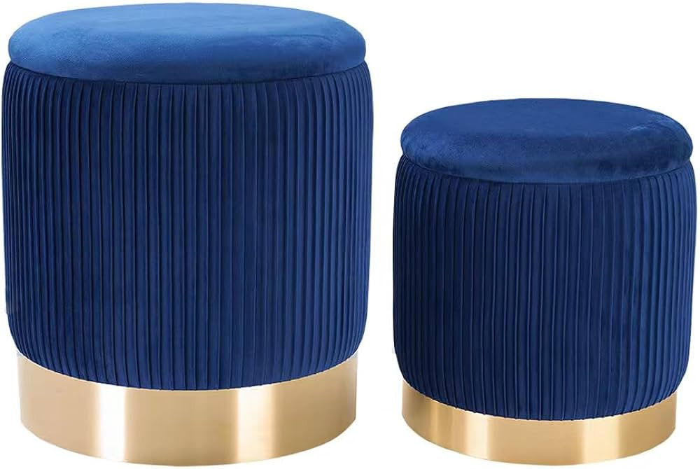 Round Ottoman Storage Set of 2 Blue Velvet Storage Ottoman for Living Room and Bedroom, Round Sto... | Amazon (US)