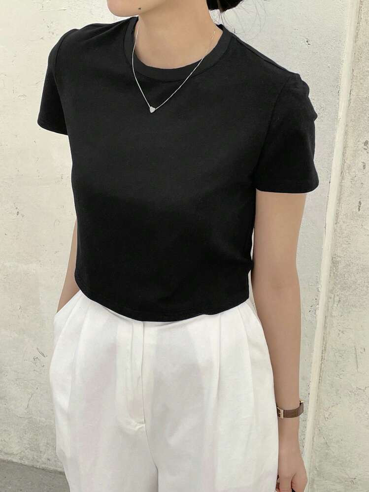 Dazy-Less Solid Crew Neck Crop Tee Summer Preppy Tops Business Casual Woman Work Clothes | SHEIN