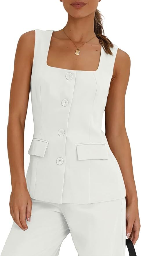 Tankaneo Women's Single Breasted Vests Square Neck Sleeveless Slim Fitted Work Office Waistcoats | Amazon (US)
