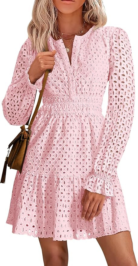 PRETTYGARDEN Women's 2025 Long Sleeve Mini Dress Eyelet V Neck A Line Casual Elegant Holiday Wedd... | Amazon (US)