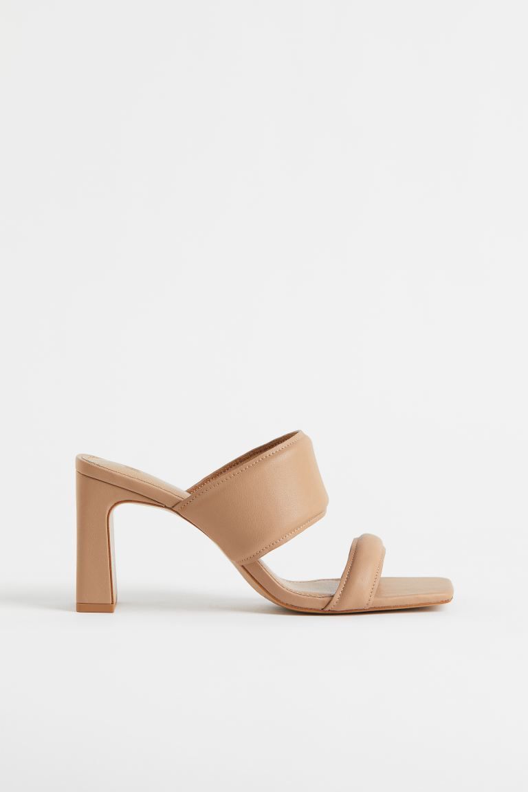 Mules in faux leather. Square, open toes, padded foot straps, and covered block heels. Jersey lin... | H&M (US + CA)